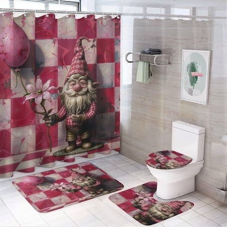 Pink Checkered Gnome And A Balloon 4 Pcs Shower Curtain Set with Non-Slip Rugs Toilet Lid Cover And Bath Mat Bathroom Decor Set Mother’s Day Birthday Gifts for Mom from Daughter Son Pink Checkered Gnome And A Balloon 4 Pcs Shower Curtain Set with Non-Slip Rugs Toilet Lid Cover And Bath Mat Bathroom Decor Set Mother’s Day Birthday Gifts for Mom from Daughter Son