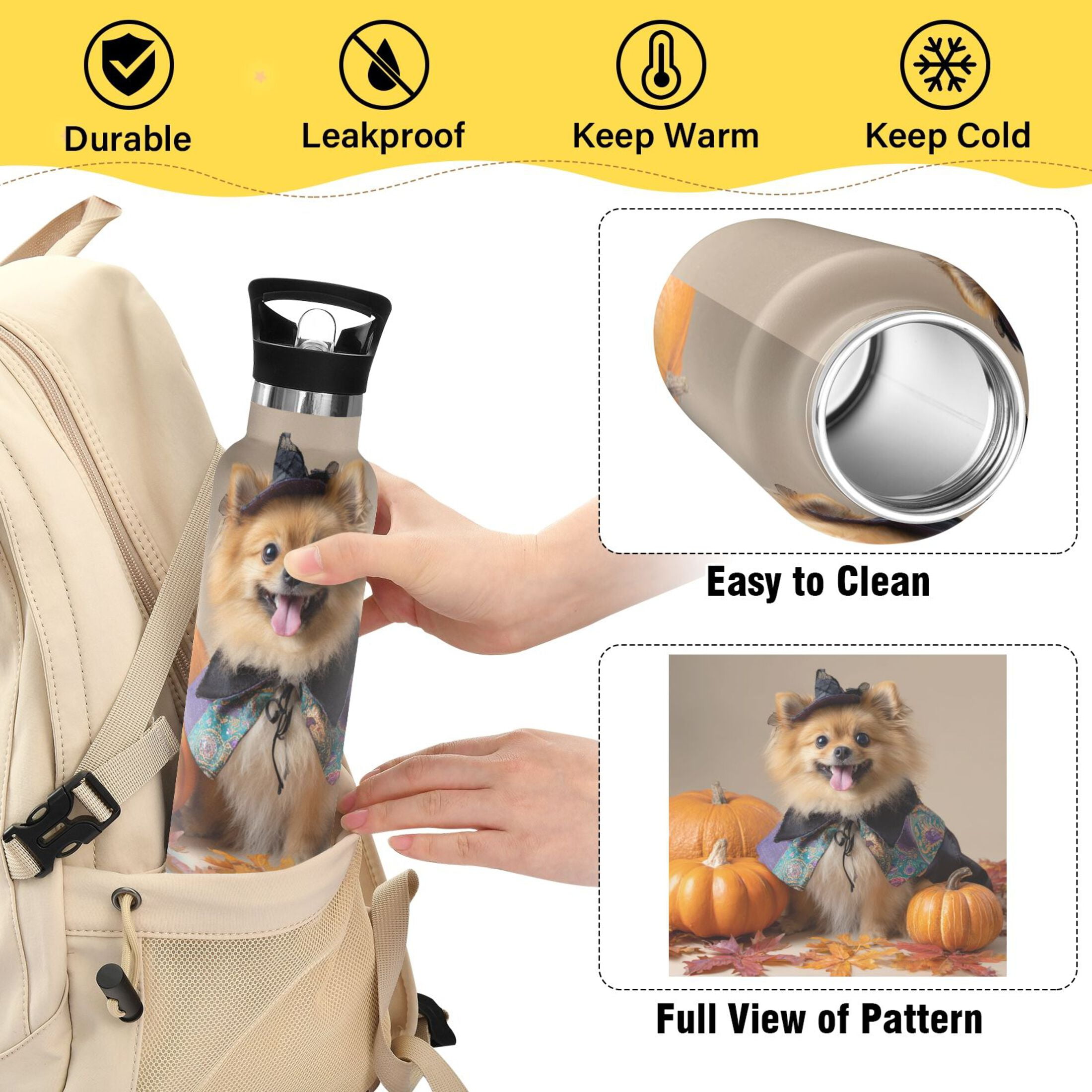 Kids Insulated Stainless Steel Sports Water Bottle 600ml (20oz) Cute Pomeranian Dog and Pumpkins