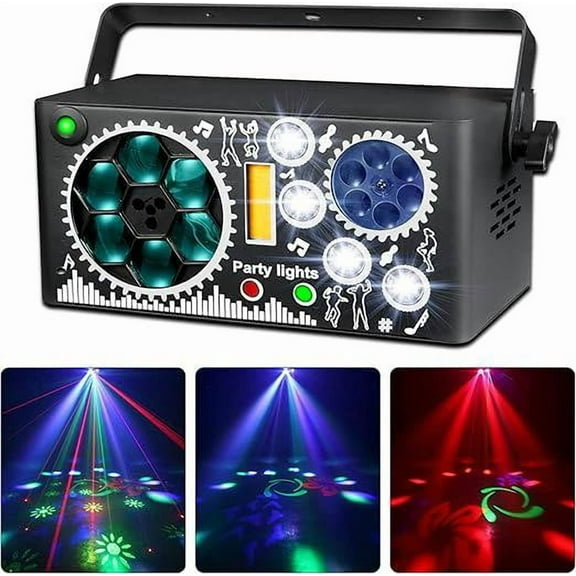 BAKOD 7-in-1 Party Lights with LED & Laser Effects, Projection Light with Red Green Blue Beams, Sound Activated, DMX, Auto & Remote Control – DJ Disco Stage Light for Parties, Events, Clubs