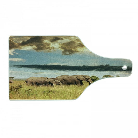 Safari Cutting Board, Big Savannah Family with Dark Cloudy Dramatical Sky Grassland, Decorative Tempered Glass Cutting and Serving Board, Wine Bottle Shape, Grey Yellow Blue, by Ambesonne