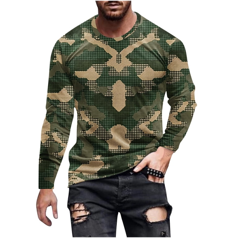 T-Shirt Camouflage Vintage Homme – Manches Longues Léger, Col V Ou Col Rond, Coton/Polyester Respirant, Idéal Pour Entraînement, Pêche, Chasse Ou Quotidien