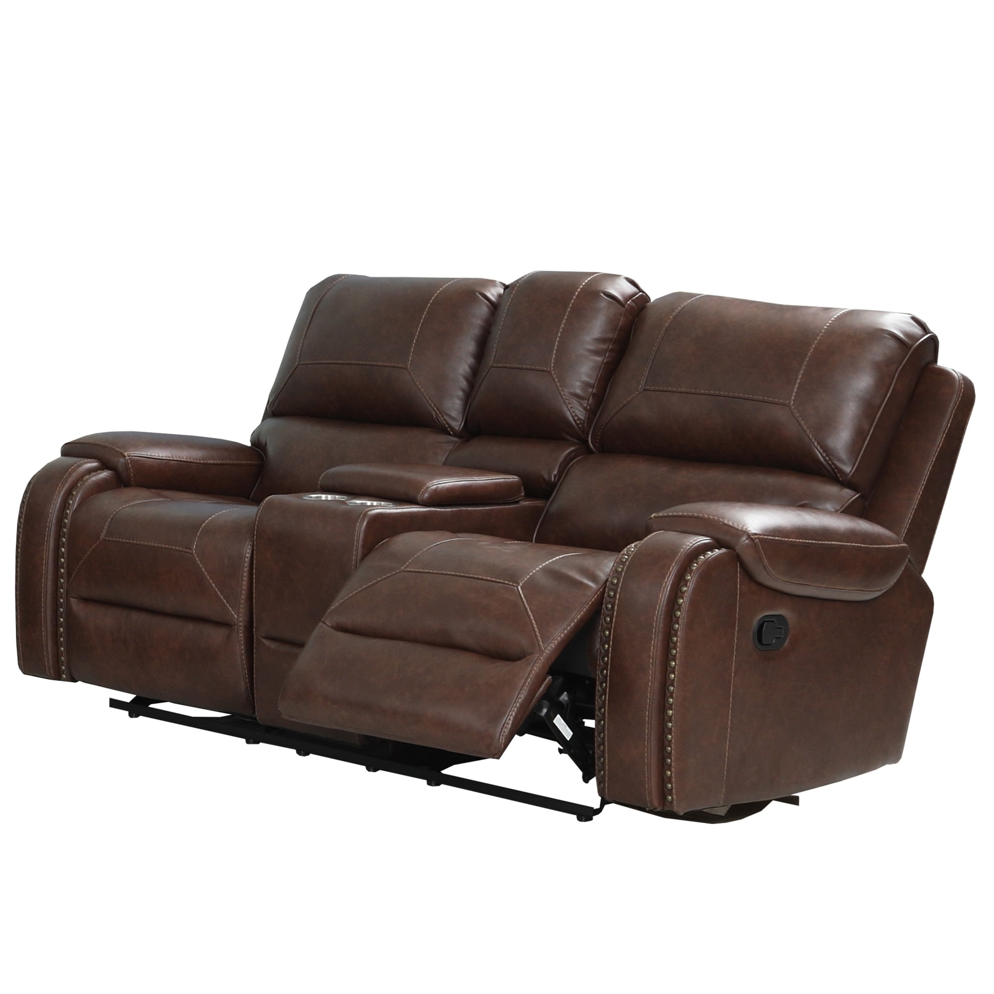 Leatherette Dual Recliner Console Loveseat with Nailhead Trim, Brown