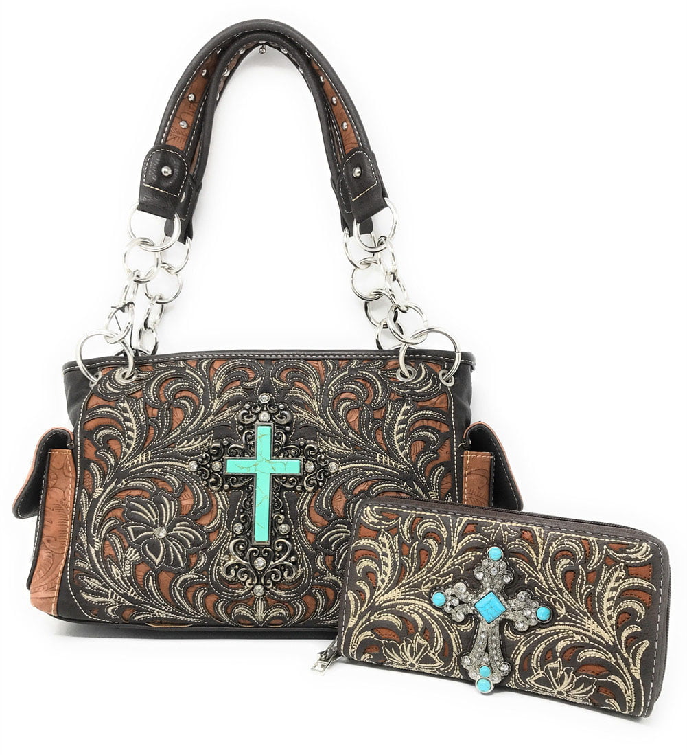 Rhinestone Cross Flower Embroidery Handbag Purse with Matching Wallet 