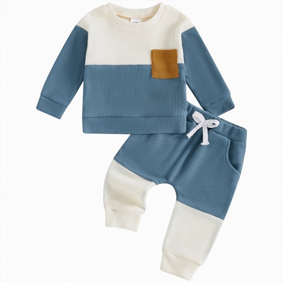 Wonitaaizi Toddler Baby Boy Clothes Outfit Color Block Top Joggers Pants Set Fall Winter (2-3 Years,Blue)
