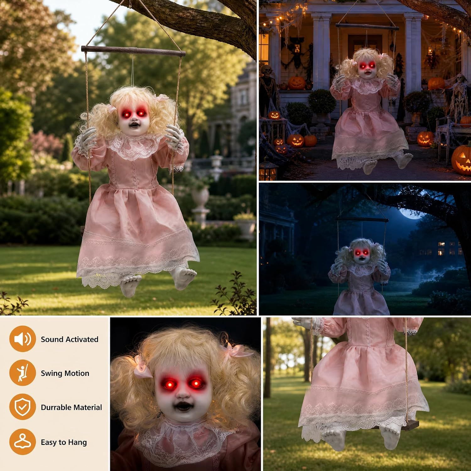 Halloween Animatronic Hanging Swinging Doll with Lighted Eyes and Creepy Sounds, Sound Activated Haunted House Prop for Indoor and Outdoor Decor