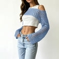 thumbnail image 5 of Crochet Bolero Shrugs for Women 2026 Y2K Hollow Out Long Sleeve See Through Cropped Knit Sweater Tops Sky Blue S, 5 of 6