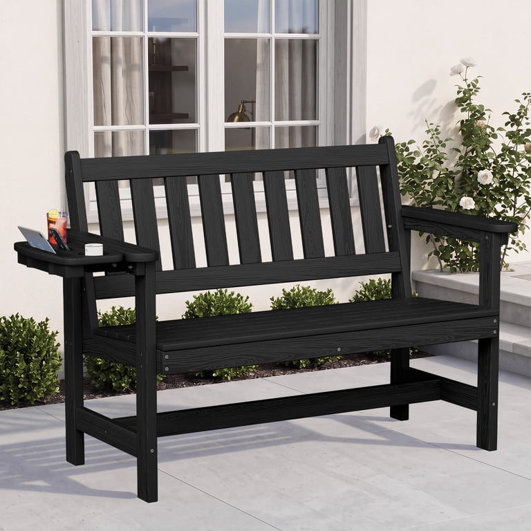 Loyalice 2-Person Outdoor Bench, Black with Fold-Out Tray photo 1
