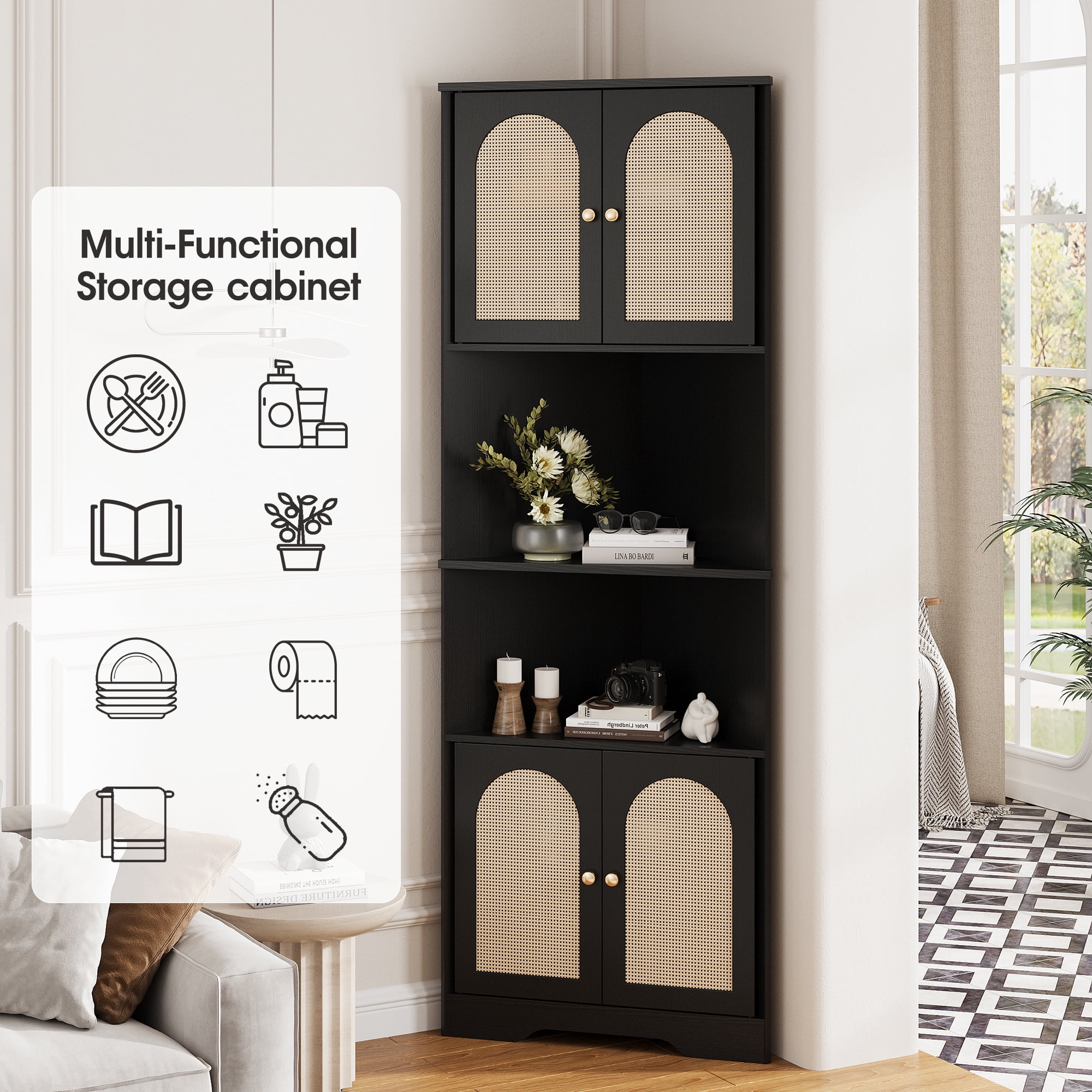 VEANERWOOD Rattan 67" Tall Corner Storage Cabinet, Corner Shelf Stand Storage Rack for Living Room, Home Office, Kitchen, Small Space,Black