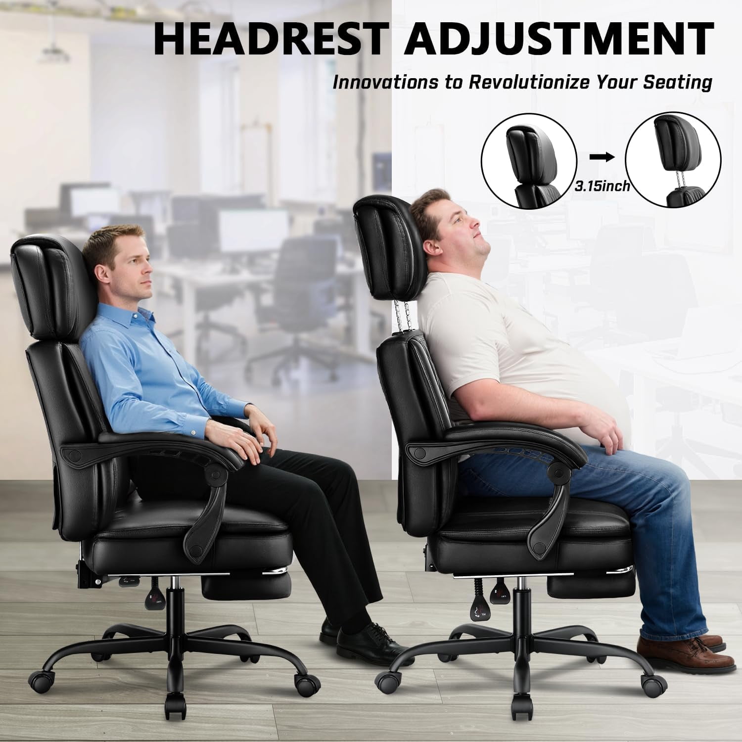 Big and Tall Office Chair 400lbs Capacity, Ergonomic Executive Chair with Linkage Armrests, Adjustable Headrest, Retractable Footrest & Lumbar Support, High Back PU Leather Desk Chair, Black