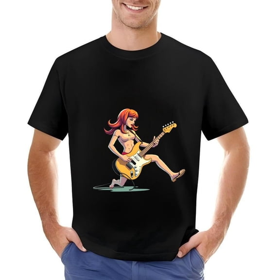 Men's Cotton Short Sleeve T-Shirt with Vibrant Cartoon Guitarist Design - Red Hair Yellow Dress Electric Guitar - Perfect for Music Lovers