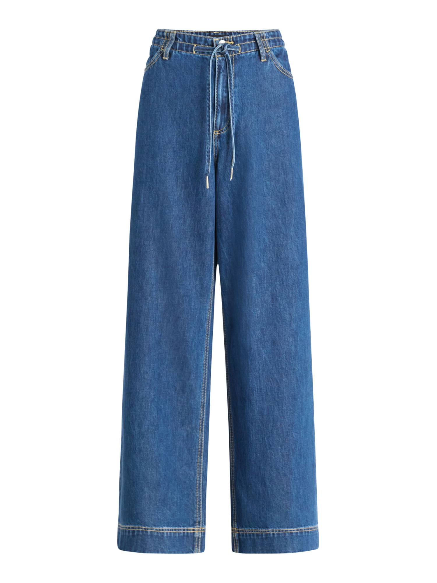 Free Assembly Women's Loose Fitting Wide Leg Jeans with Adjustable Tie Waist, 32" Inseam, Sizes 0-26