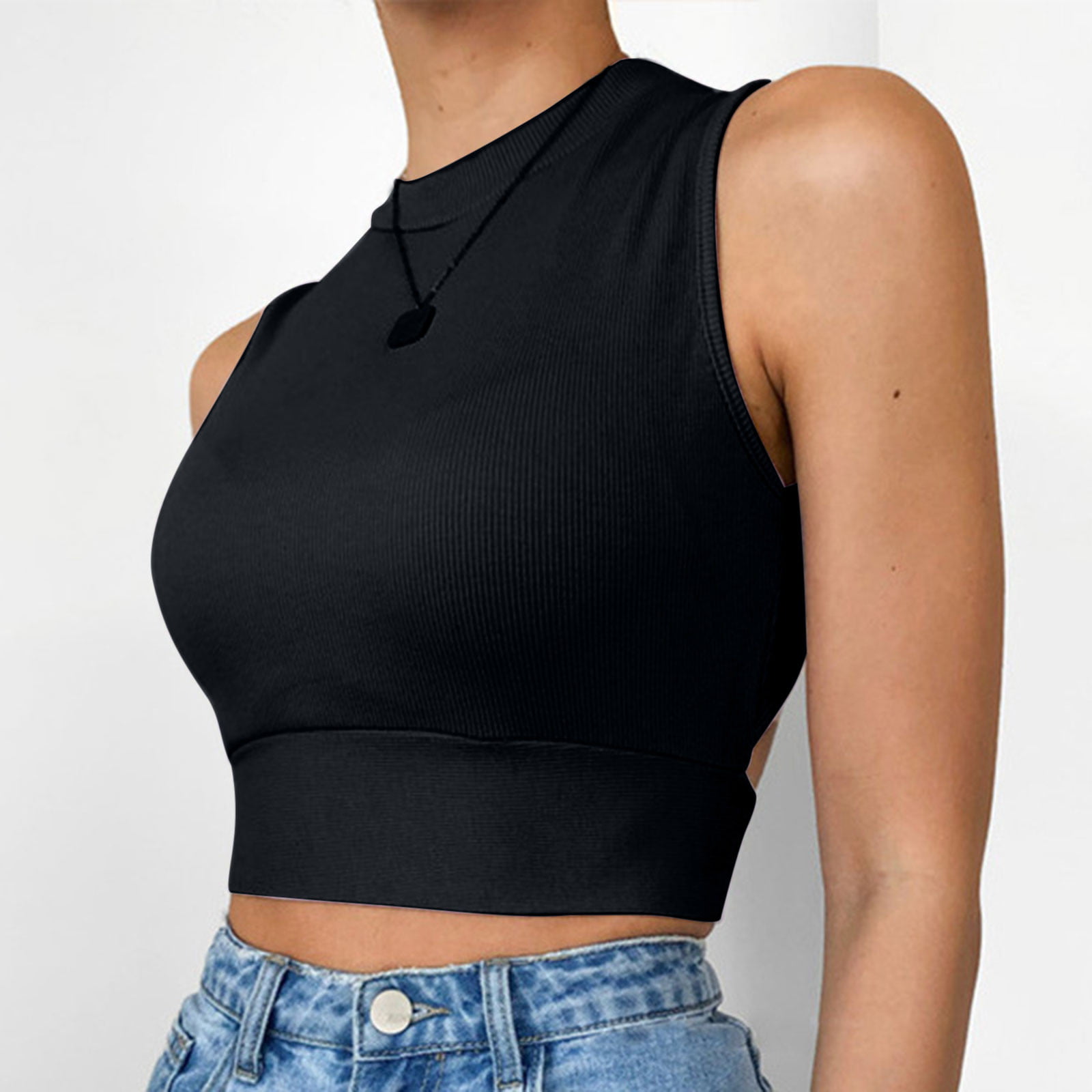 CYMMPU Workout Crop Tank Shirts for Women Back Cut Out Tie Knot Summer  Sleeveless Slim Fit Tank Tops Solid Crewneck Vest Top Black