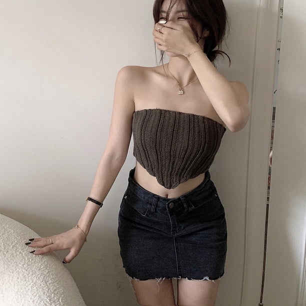 Txlixc - Camiseta de punto para mujer, sin tirantes, sin mangas, con dobladillo tipo pañuelo Txlixc Sexy