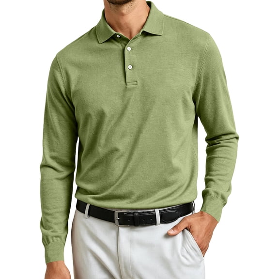 IAJDKMEK Men's Casual Collared Long Sleeve Shirt - Solid Polo Top for Autumn, Lightweight Shirt for Work, Versatile Polo Shirts for Men Daily Wear