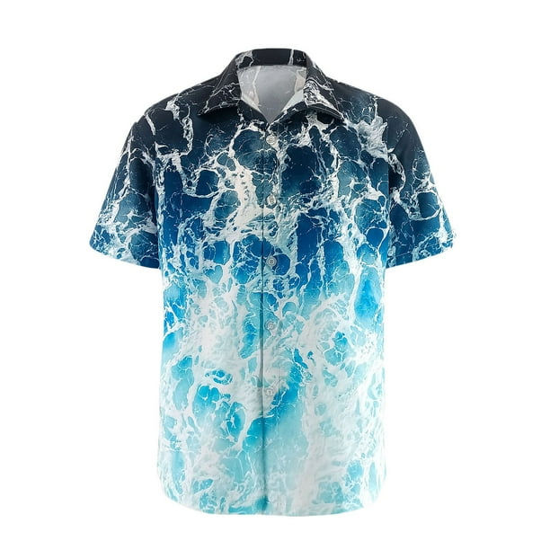 Mens Manga Corta Botón Abajo Camisas Impresas Girar Cuello, Ligero Casual Camisas Casuales