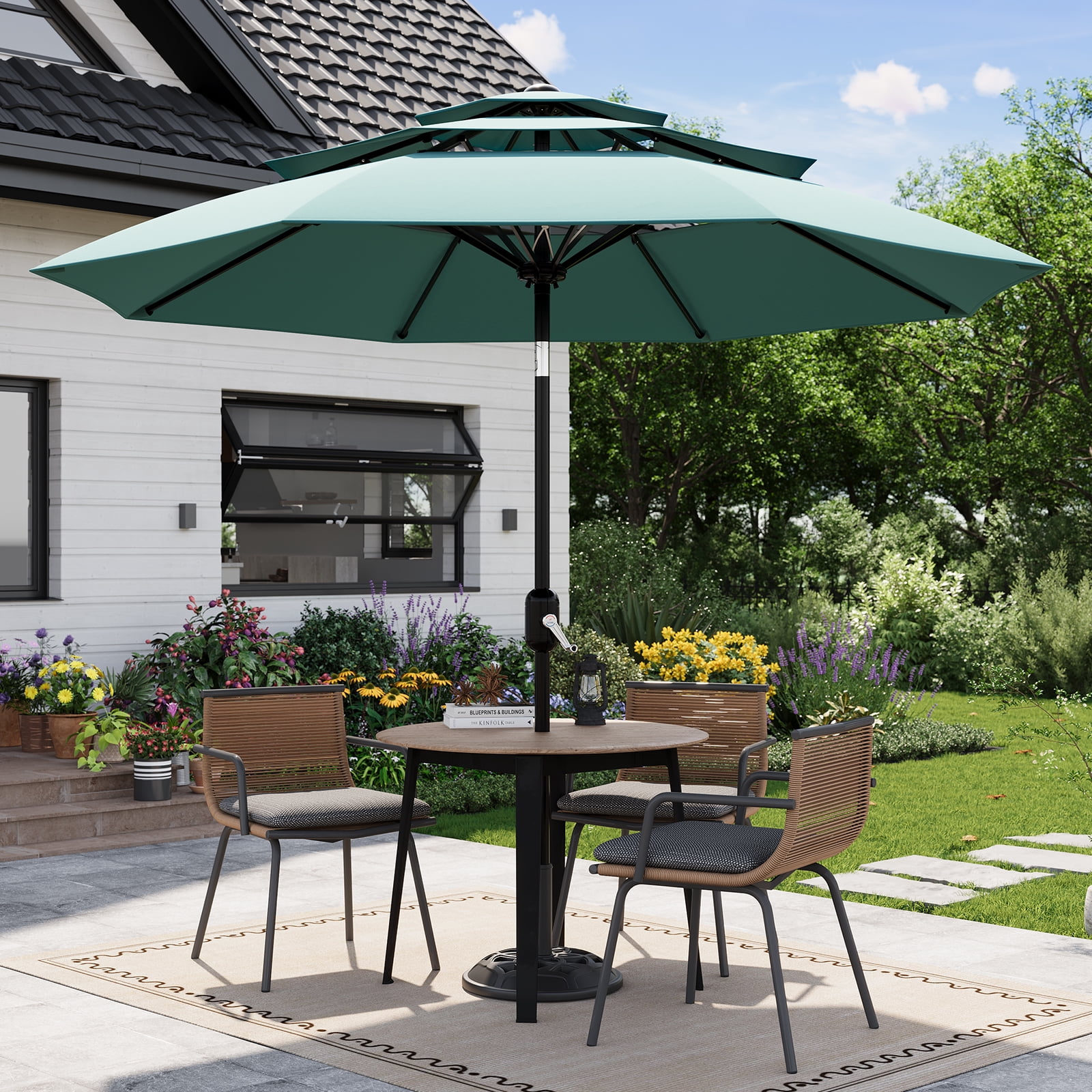 10FT 3-Tier Patio Market Umbrella with Vents – Outdoor Table Umbrella with Easy Crank, Push Button Tilt & 8 Sturdy Ribs for Pool, Deck, Yard, Garden-Blue