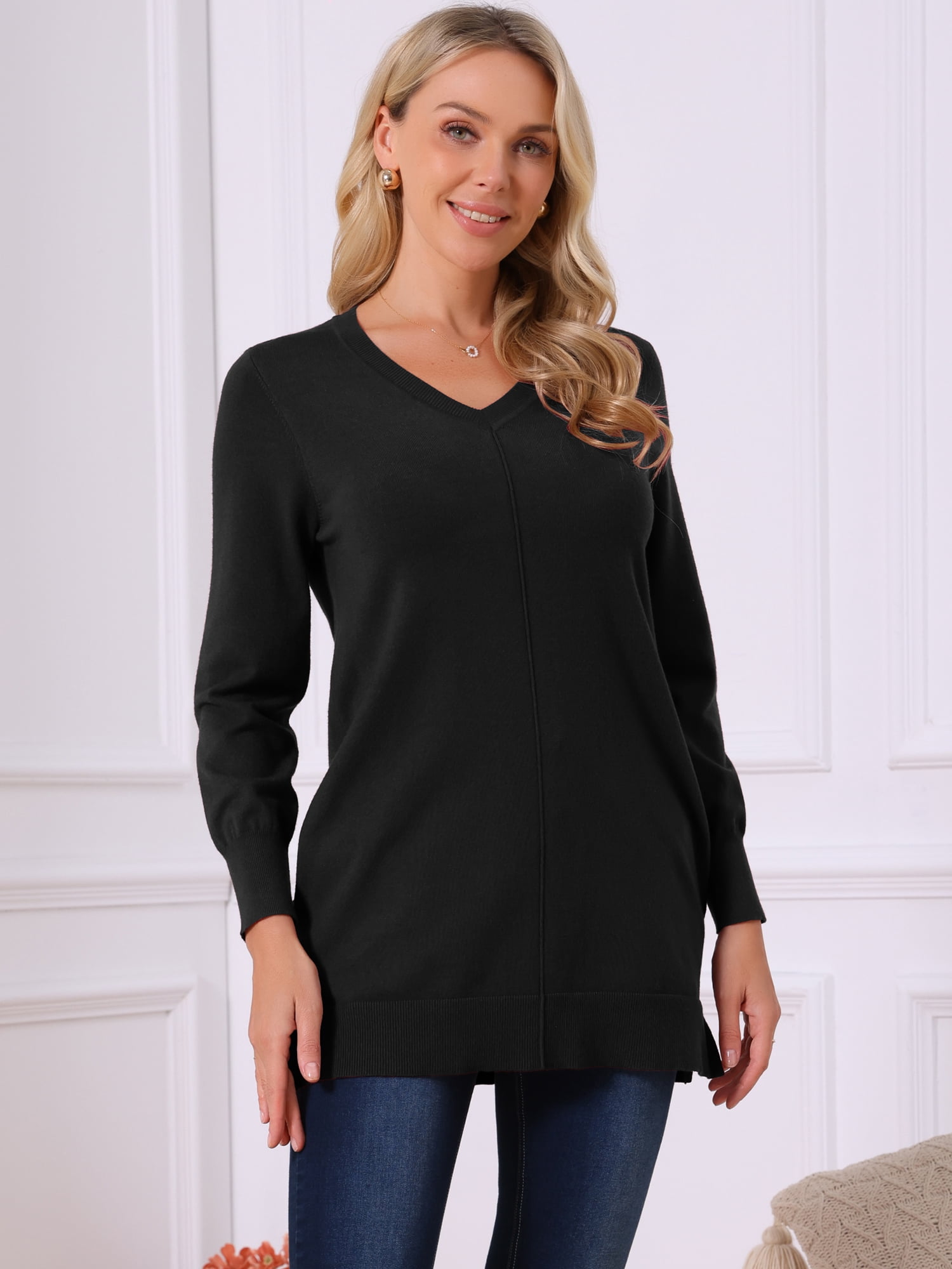 DARING DIVA V Neck Long Sleeve Chunky Knit Pullover Sweater S Black