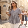 thumbnail image 3 of Agnes Orinda Women's Plus Size Gingham Tops Plaid Peplum Button Decor V Neck Short Sleeve Casual Babydoll Blouse 3X Black, 3 of 8