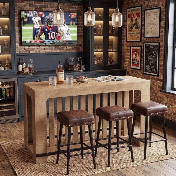 Finmind 63" Bar Table with Footrest, Pub Table for Home Bar Unit, Kitchen High Bar Table, Height Cocktail Table for Living Room, Dining Room (Oak Color)