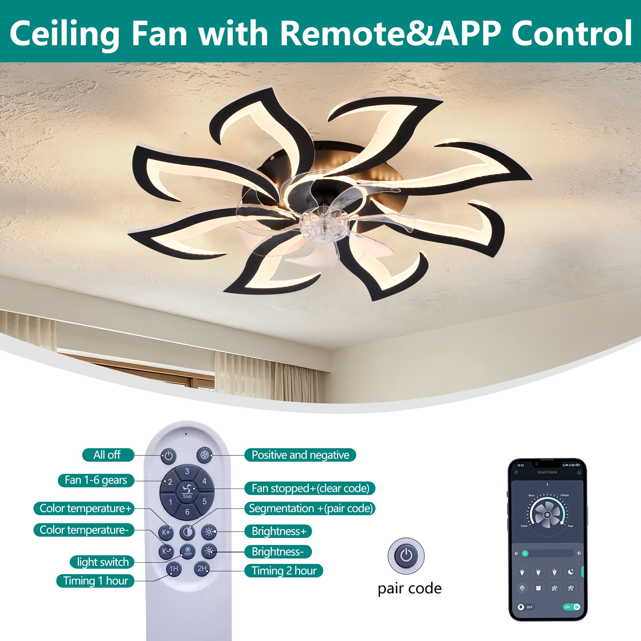 GDF Studio 8-Head Flower Modern Ceiling Fan with LED Lights & Remote Control, Low Profile Flush Mount Fandelier, Black