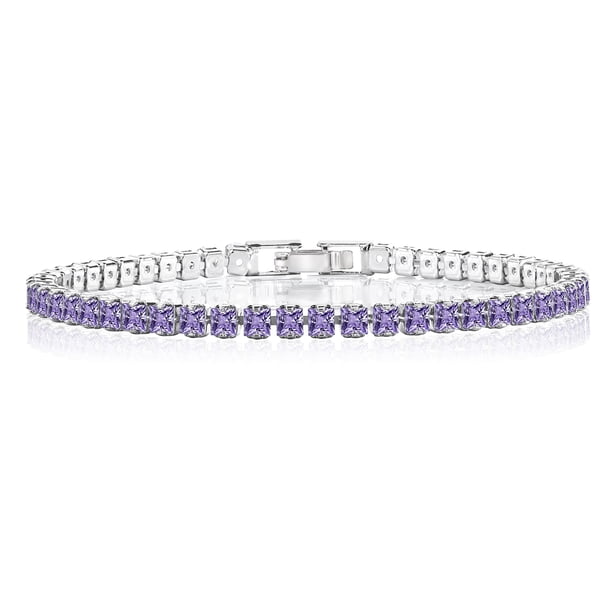 JeenMata 5.5 TCW Corte Princesa Febrero - Amatista - Pulsera de tenis con piedra natal para mujer Diseño de eternidad - Chapado en oro blanco, cumpleaños, aniversario, regalo del día de San Valentín