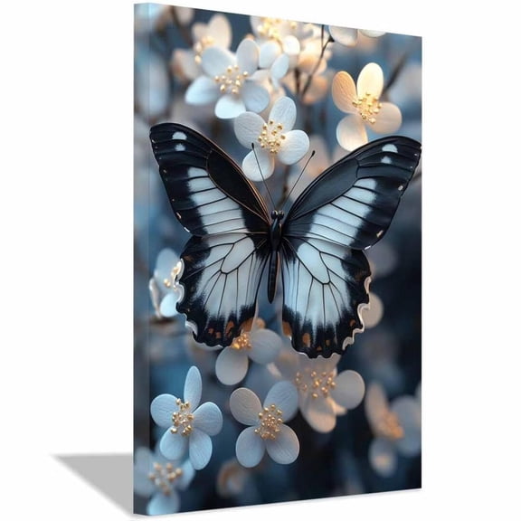 Mudket Black and White Butterfly Canvas Wall Art, Framed Floral Wall Decor, Butterfly Print for Living Room Bedroom, Ready to Hang - 12"L x 8"W