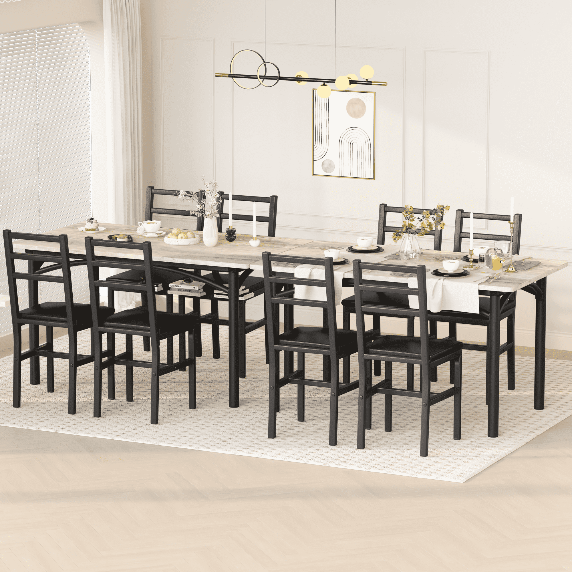 baxluxe 4-Person Dining Set, Farmhouse Kitchen Table and Chair Set, Solid Wood Dining Table with 4 PU Upholstered Chairs, Suitable for Kitchens, Apartments, Dining Rooms, Farmhouse Gray