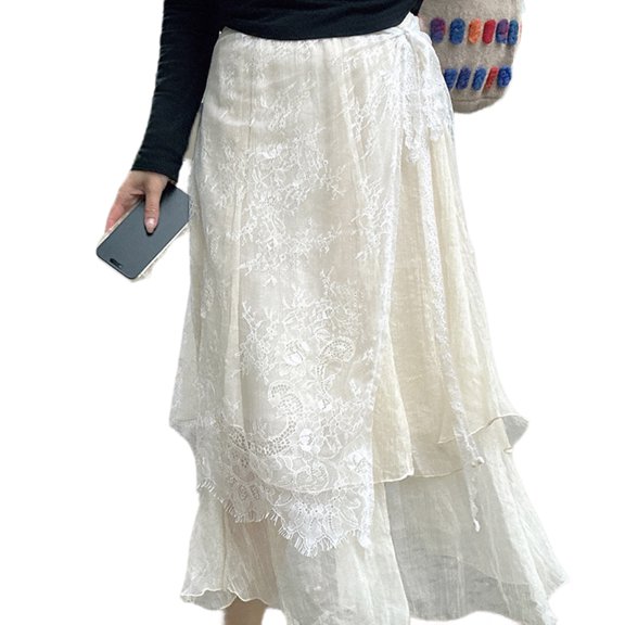 Women Korean Eyelash Lace Layering Long Skirt Hip Scarf with Tie Up Vintage Flower Lace Hip Covering Apron Skirts