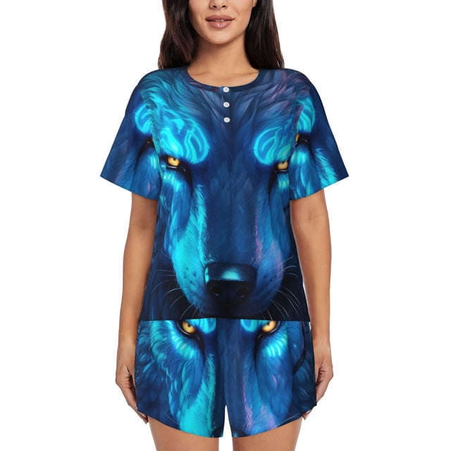 Fotbe Futuristic Blue Light Wolf Conjunto de Pijama Estampado para Mujer, 2 Piezas, Ropa de Dormir con Camiseta de Manga Corta y Shorts Suaves-XX-Large