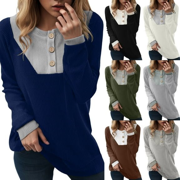 idosla Womens Fall Fashion 2025 Womens Long Sleeve Shirts Patchwork Button Up V Neck Sweatshirt Casual Pullover Tops (White, XXL)