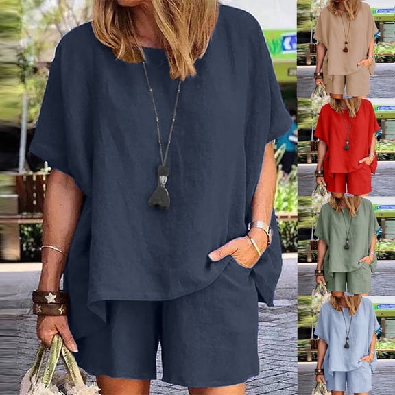 Dazajoo Two Piece Sets for Women Cotton Linen Outfits Round Neck Short Sleeve Tops Loose Shorts Sets Lounge Sweatsuits Vacation Deals,Army Green,M