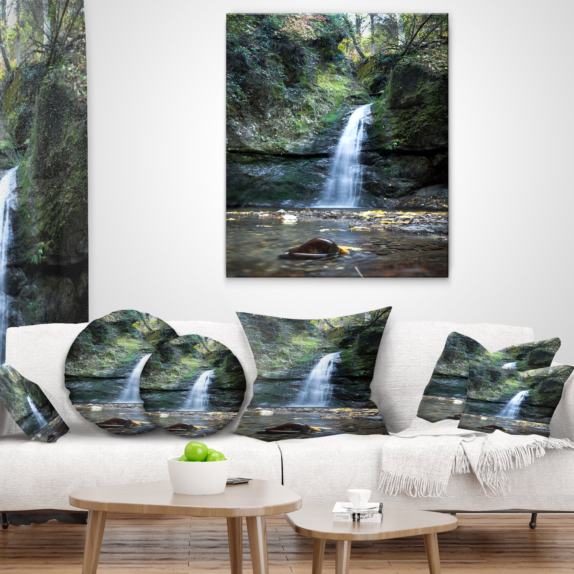 Designart Nanayo Waterfall Japan - Landscape Photo Throw Pillow - 18x18