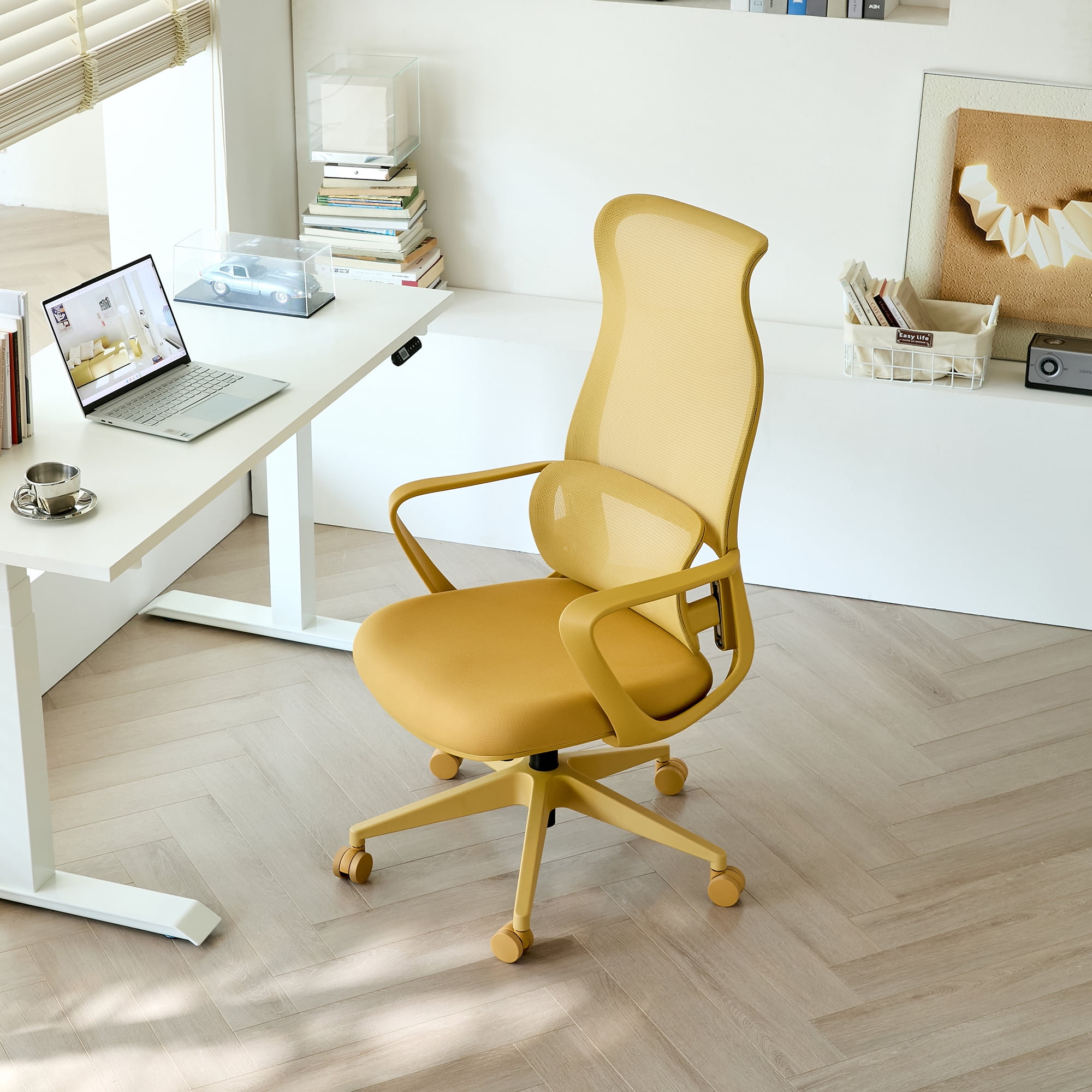 Office Chair, 350LBS Home Mesh Breathable High Back, With Adjustable Lumbar Support Computer Chair, Integrated Molded Foam Seat Cushion, Fireproof (Yellow)