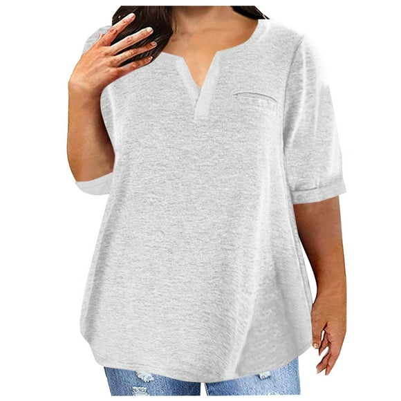 SROBPTY Womens Summer Shirts, Women's V-neck Solid Color Five Minute Sleeves Oversized T-shirt White, XXXXL