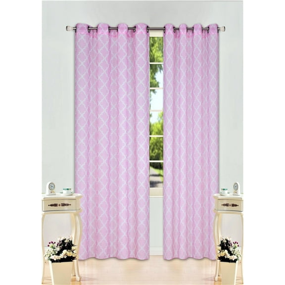 (S38) Light Pink/White 2pc Printed Sheer Grommet Window Treatment Set, Two (2) Geometric Pattern Panels 55"W x 108"L (Each)
