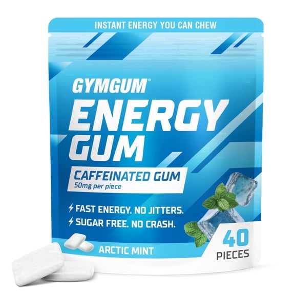 GYMGUM Energy Caffeine Gum | 50mg Caffeine & L-Theanine | Sugar-Free, Keto-Friendly | Energy & Focus Gum (40 Count, Arctic Mint)