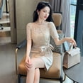 thumbnail image 5 of ZYHT 20651 Robe Mini en Dentelle Patchwork Douce Col Rond Femmes Nœud Papillon Taille Fine Robes de Soirée Courtes, 5 of 5