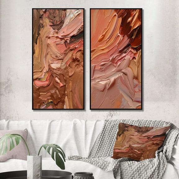 Designart "Cocoa Bliss Abstract Terra Cotta Painting I" Abstract Painting Framed Wall Art Set Of 2 - Modern Brown Framed Canvas Set For Living Room Decor