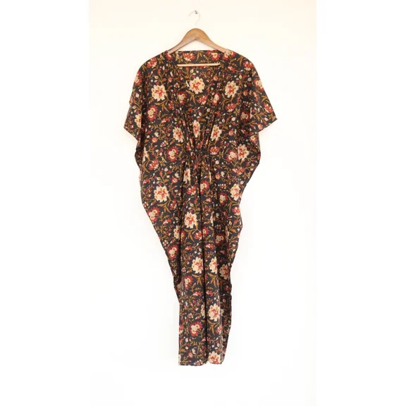 Hand Block Printed Cotton Kaftan | Beach Coverup | Floral Caftan, Short Dress, Indian Print, Boho Summer Fashion Sleepwear, Indian Kaftan