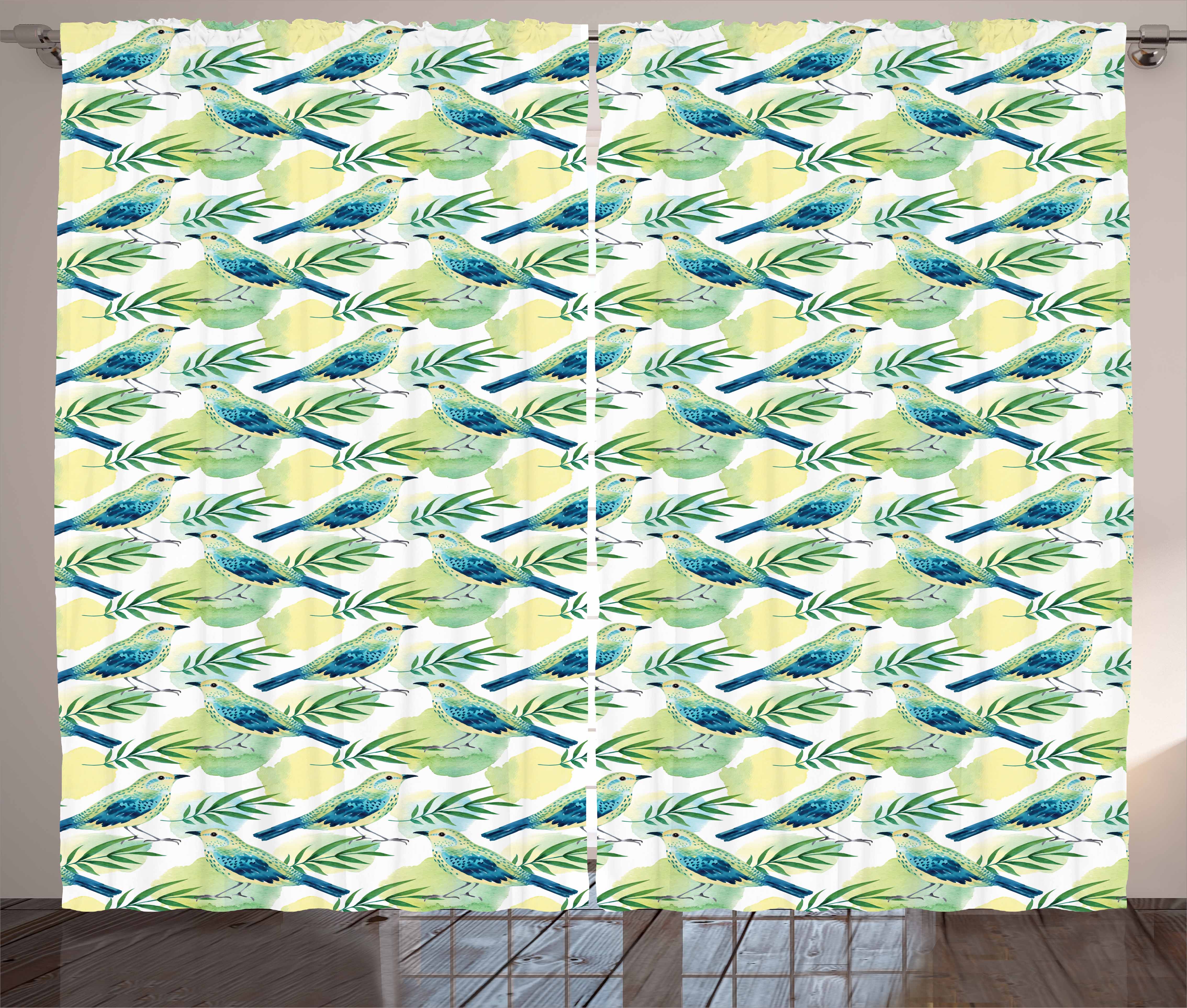 Birds Curtains 2 Panels Set Romantic Perched Spotted Sparrows Wet