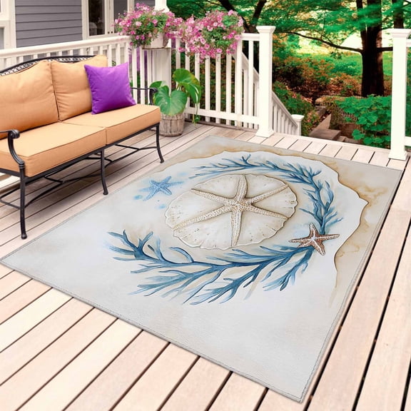 Blue Beige Coastal Outdoor Rug 3x5 Ft, Non Slip Washable Area Rug, Beach Nautical Coral Starfish Shell Patio Rugs Carpet Runner, Large Floor Mat for Indoor/Outdoor Deck Porch Camping