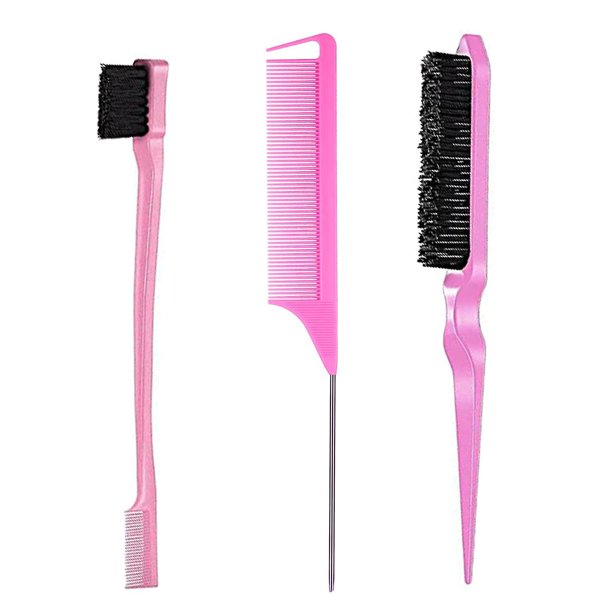 Juego de peines para peinar el cabello de 3 piezas, cepillo para el cabello con cola de rata, cepillo para bordes para cepillar, peinar y alisar el cabello para mujeres (rosa)