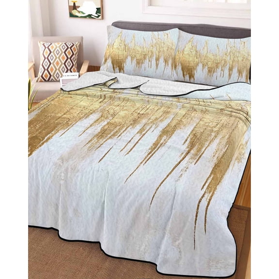 Abstract Gold King Size Down Alternative Comforter, Lightweight Comforter Quilt Bedding Set with Pillow Shams Modern Minimalist Art White Gray Ripple All Seasons Bed Comforter Duvet Insert 96"x106"