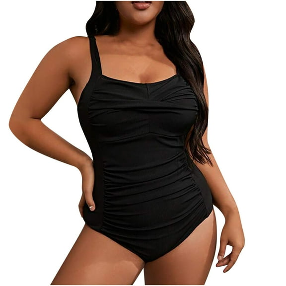 Women's Plus Size One Piece Swimsuit Ruched Adjustable Straps Low Back Bathing Suit Beach Vacation Swimwear (XL, Black)