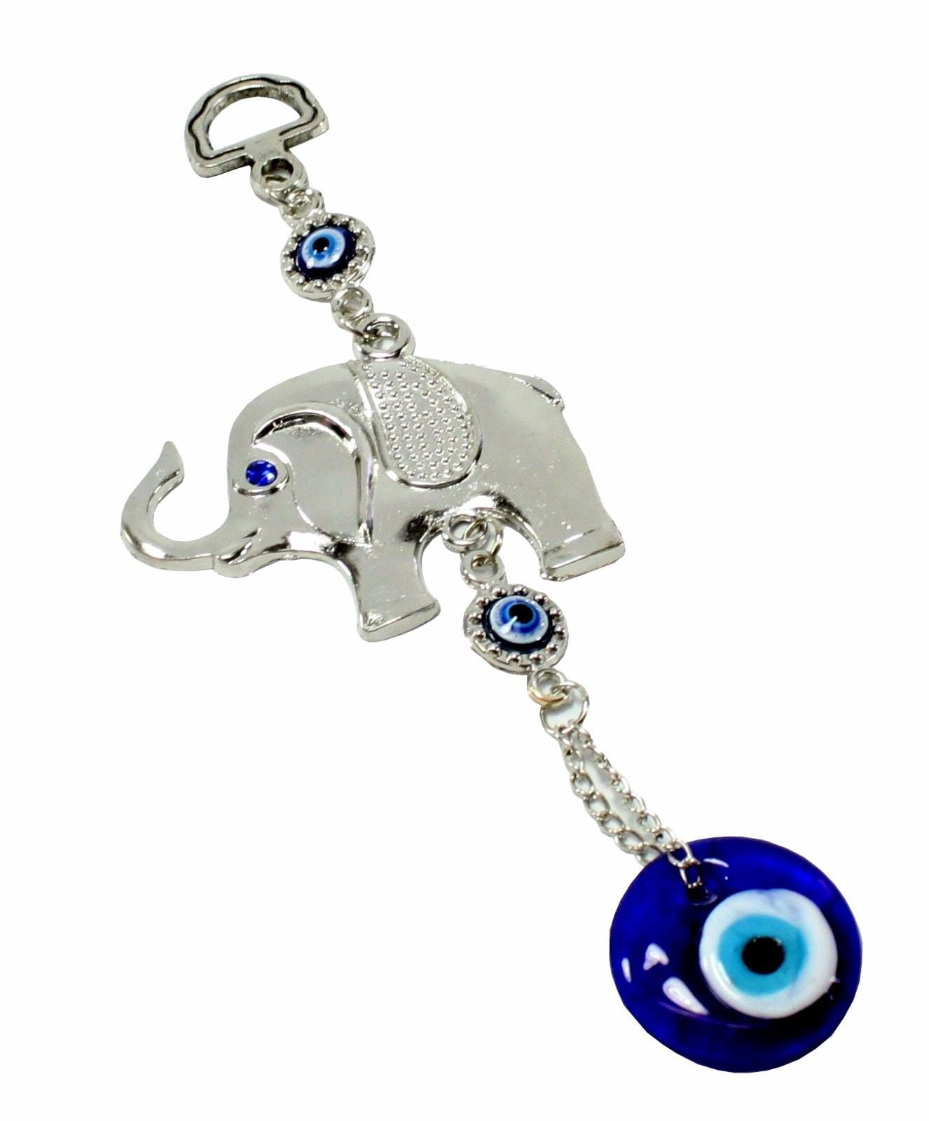 Wall Hanging Amulet Turkish Silver Plated Right Looking 3 Elephants &  Evileye 