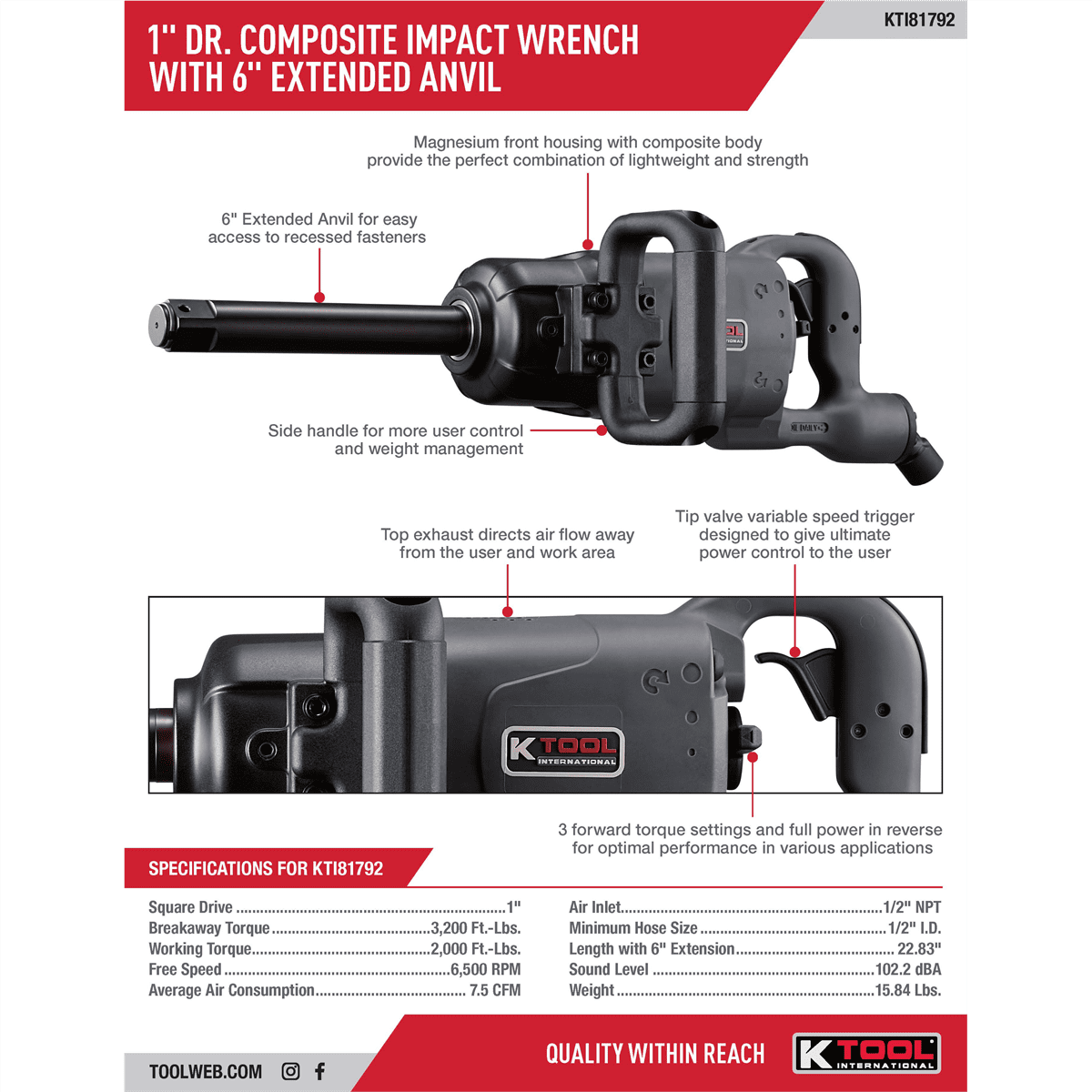 K Tool International Air Impact Wrench 1 Inch Drive with 6 Inch Ext Anvil Super Duty 3200 Foot Pounds D Handle