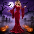 thumbnail image 2 of KLHDSF Women's Gothic Bat Witch Bride Costume Low U Neck Fish Tail Halloween Gown Deep Red M, 2 of 4