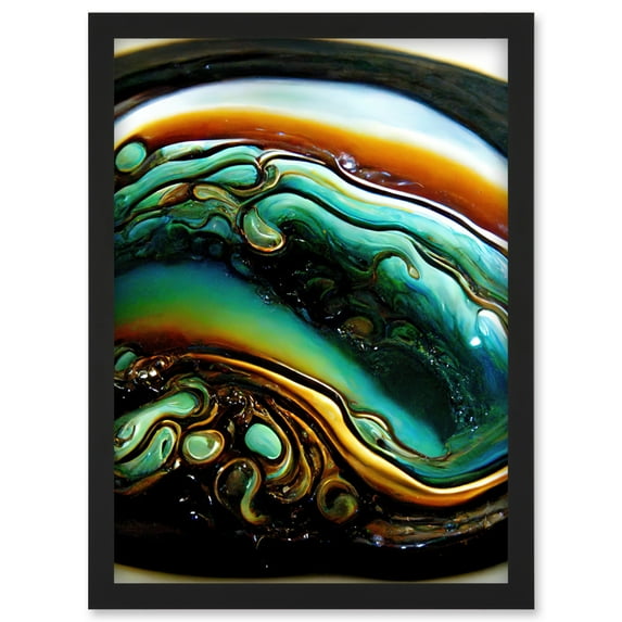 Liquid Merge Fluid Abstract Teal Ochre Artwork Framed Wall Art Print A4