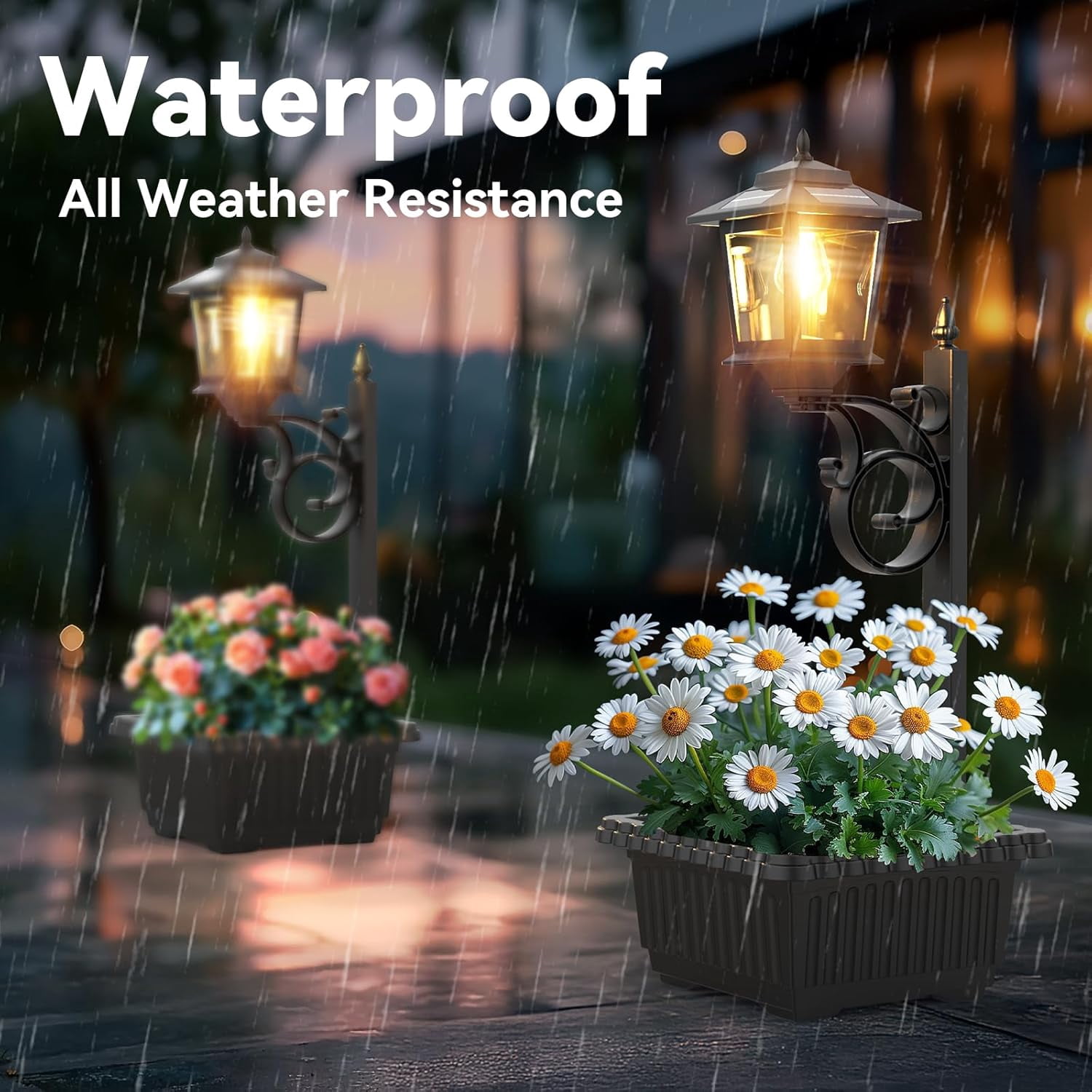 HOODINK 2 Pack Solar Lamp Post Light with Planter, 3000K Waterproof 2 in 1 Outdoor Flower Pots for Lawn