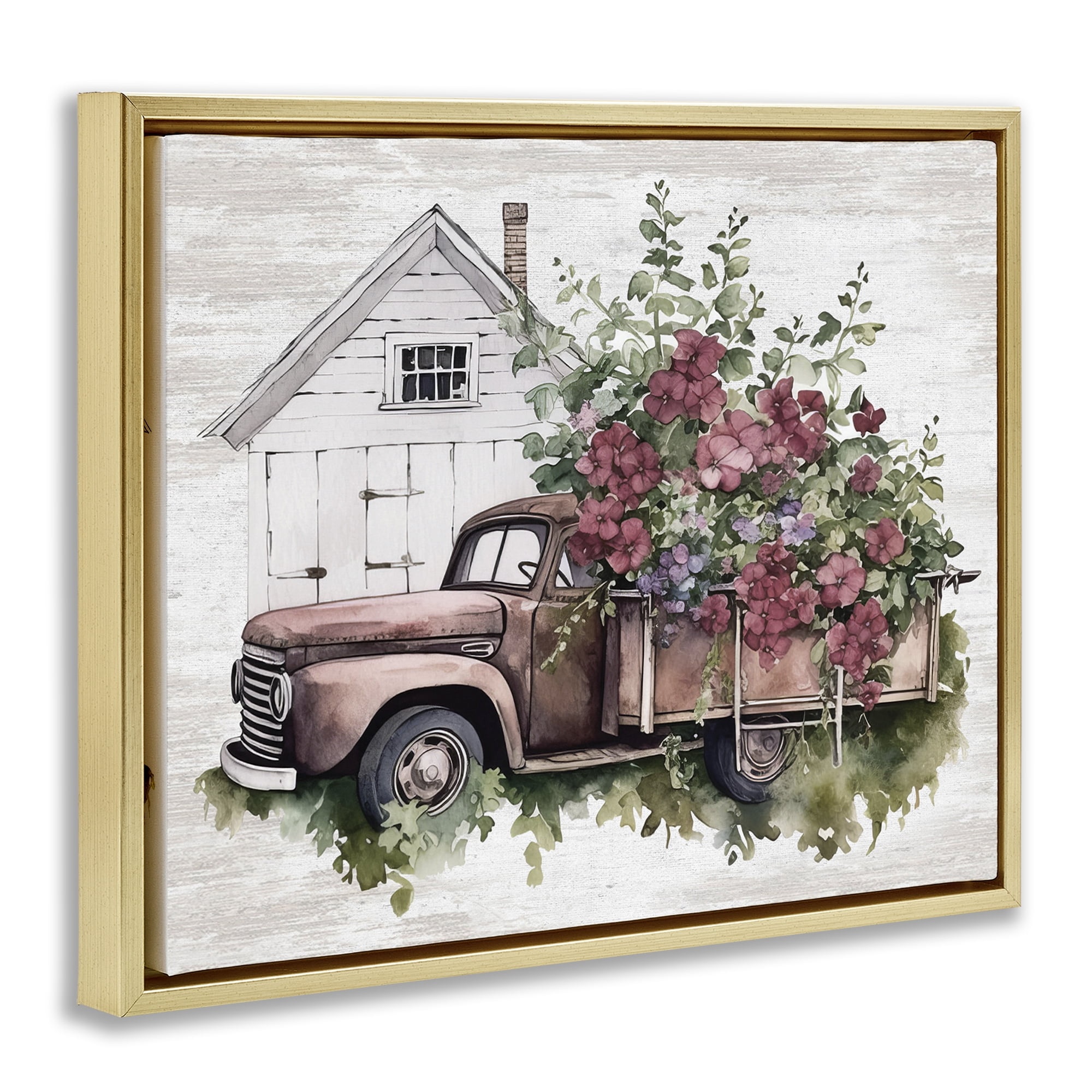 Stupell Industries Burgundy Flowers Truck Transportation Painting Gold Floater Framed Canvas Art Print Wall Art, 31 x 25